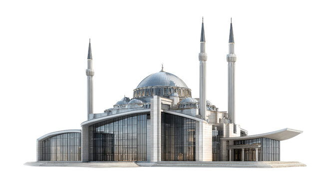 Modern Glass Mosque with Domes and Minarets Against a Black Background