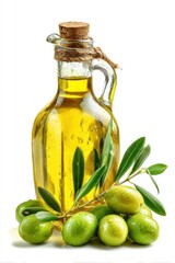 A clear glass decanter filled with golden liquid sits atop a small pile of green olives and olive branches against a bright white background