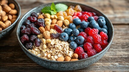 Colorful Muesli Bowl with Oats, Nuts and Dried Fruits