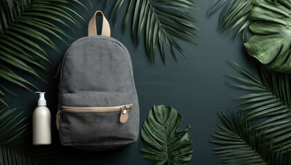 Gray backpack and lotion bottle surrounded by tropical leaves on a dark green background