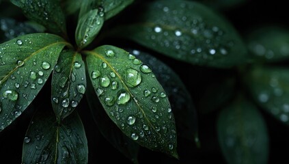 Lush green leaves, glistening with fresh water droplets, macro view, dark background