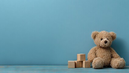 Teddy Bear and Wooden Blocks on Blue Background.