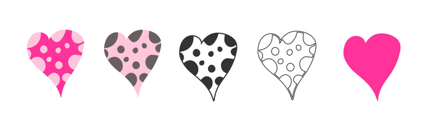 Decorative heart shapes with playful dot patterns – solid and outlined styles for Valentine’s Day cards, romantic party invites, and whimsical love-themed projects.