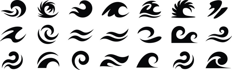 Collection of Black Abstract Wave and Swirl Icons on White Background Keywords: wave, swirl, abstract