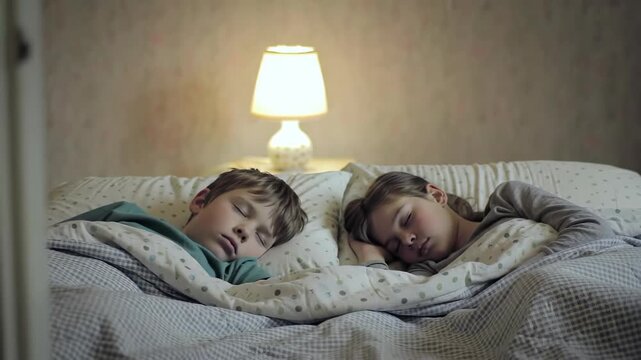 Brother and sister peacefully sleeping side by side in their cozy bedroom under the warm glow of a bedside lamp in a serene and quiet atmosphere of childhood innocence and rest