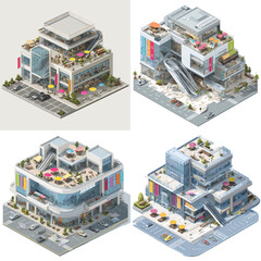 Isometric modern shopping mall buildings with glass facades, cafes, and outdoor terraces, ideal for retail, urban design, and commercial architecture projects.