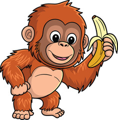 Happy baby orangutan holding banana, cute cartoon primate character, friendly wildlife vector illustration, adorable jungle animal for kids design