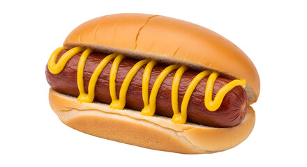 Hotdog with a generous squirt of yellow mustard on a black background studio