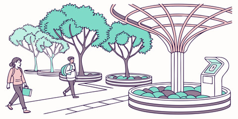 People enjoying a modern public park with trees and a unique architectural shade structure