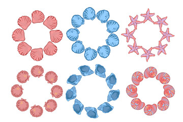 set of simple round frames with seashells and stars, colorful hand drawn seashells and starfish, round frames for summer designs
