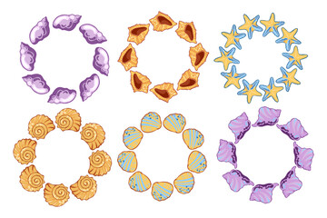 set of simple round frames with seashells and stars, colorful hand drawn seashells and starfish, round frames for summer designs
