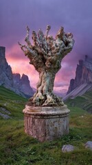 Obraz premium An evocative sculpture of a weathered, gnarled tree, placed atop a weathered stone pedestal, stands amidst a vibrant mountain landscape at sunrise.