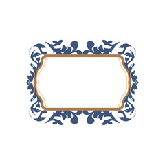 Elegant rectangular frame design with ornate navy blue floral patterns on the edges and a golden outline in the center.