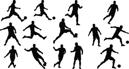 Silhouette of soccer players kicking ball, football action, sports movement, athlete running, male soccer player, soccer game, outdoor football, team sport, soccer training, active lifestyle