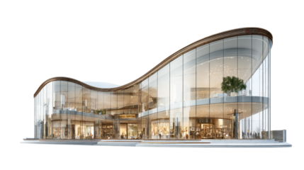 A photorealistic luxury shopping center with modern curved architecture.