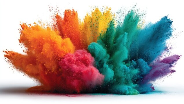 Explosive burst of vibrant colorful powder against a clean white background