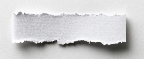A piece of white paper torn with a jagged edge is resting on a white surface creating a shadow that extends from the bottom edge of the paper
