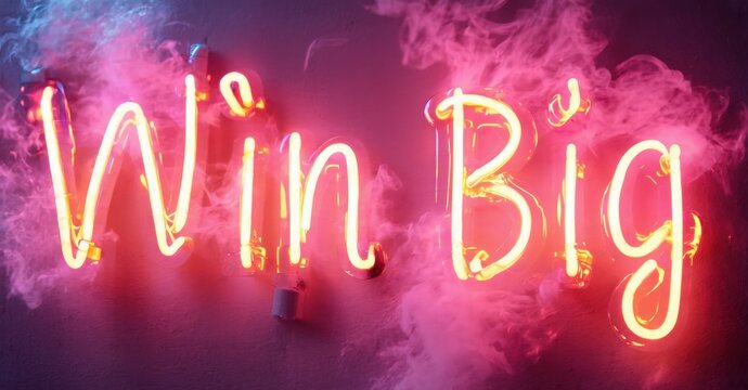 Bright neon sign displays Win Big. Pink smoke surrounds glowing text. Dramatic lighting creates vibrant atmosphere.