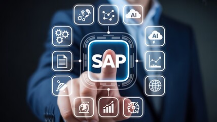 Person's index finger interacting with illuminated sap business software interface and icons