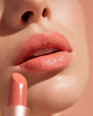 Naklejka premium Close-up of female model & elegant lips with radiant bright and vibrant color lips holding lipstick tube, professional beauty shoot for cosmetic, advertising and luxury makeup brand promotion