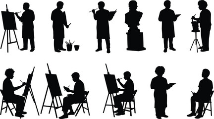Silhouette vector of artists sketching, painting, sculpting, working at easels, sitting and standing poses, art tools, creative studio scene, drawing figures, artistic activity