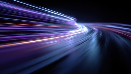 Abstract, curved streaks of light in purple and blue hues, on a black backdrop