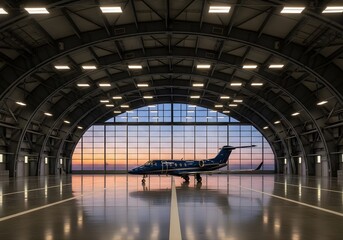 Inside a huge aircraft hangar with a high arched steel roof structure and bright artificial lighting, emphasizing the scale of the metal framework.