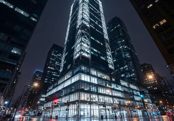 Obraz premium A city street at night with a tall skyscraper, showcasing its exposed steel framework and glowing windows, with reflections from surrounding lights.