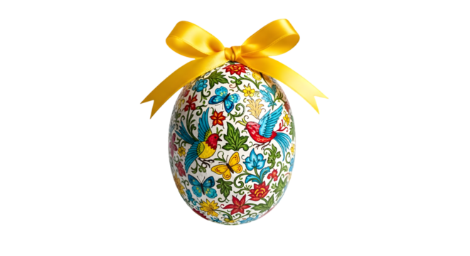 Ornate easter egg adorned with yellow ribbon and vibrant whimsical illustrations - Powered by Adobe