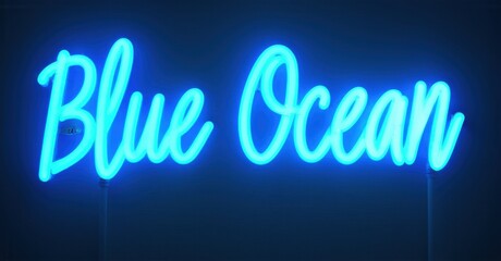 Bright blue neon sign displays words Blue Ocean. Script font creates vibrant, modern aesthetic against dark backdrop. Simple, elegant design.
