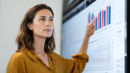 Confident businesswoman presenting data analysis on digital screen, discussing inventory management and performance metrics in modern office