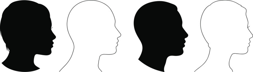 Four profile silhouettes of human heads, two black and two outline Keywords: silhouette, profile, head