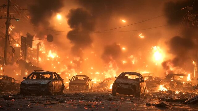 zombie apocalypse, street scene, broken cars, glowing fires, post-apocalyptic, urban decay, abandoned vehicles ai