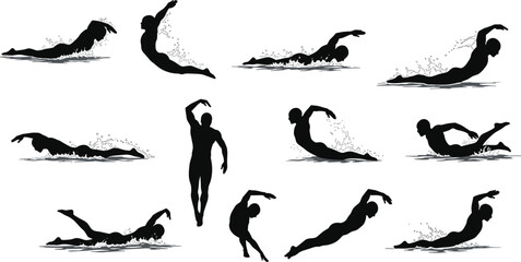 Silhouette vector of swimmers in dynamic poses, swim strokes, freestyle, butterfly, water splash, competitive swimming, aquatic sport, athlete training, black illustration design