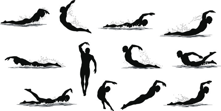 Silhouette vector of swimmers in dynamic poses, swim strokes, freestyle, butterfly, water splash, competitive swimming, aquatic sport, athlete training, black illustration design