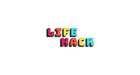 Life hack colorful bold popular internet slang word. Clever tip lingo. Creative knowledge, advice help. Lifehack solution. Chunky 3D letters with shadow effect. Fun typography. Bungee Shade font used