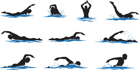 Silhouette illustrations of swimmers in action, swimming techniques, freestyle, butterfly stroke, backstroke, water sports icons, professional swim poses, aquatic sport silhouettes, vector art