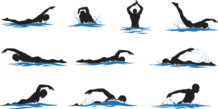 Silhouette illustrations of swimmers in action, swimming techniques, freestyle, butterfly stroke, backstroke, water sports icons, professional swim poses, aquatic sport silhouettes, vector art