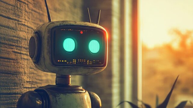 Retro robot observing sunset through window