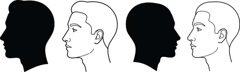 Male Head Profiles Black Silhouettes and Line Drawings Keywords: male, head, profile, silhouette, line