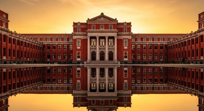 Reflective red brick building at golden hour - Powered by Adobe