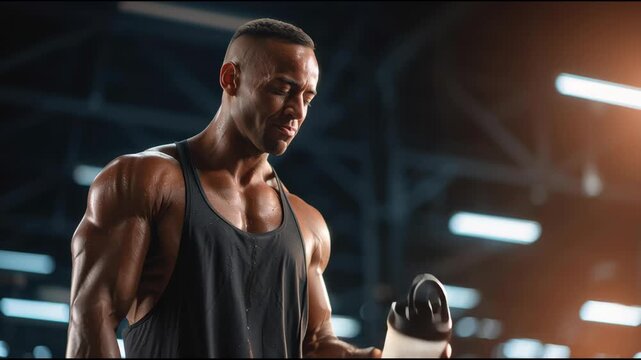 Muscular young African man holding protein shaker bottle in modern gym setting preparing to drink supplement for fitness and bodybuilding - Powered by Adobe