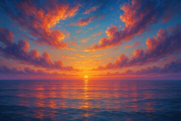 Naklejka premium Serene Sunset over the Ocean: Witness the stunning beauty of a vibrant sunset over the boundless ocean, a breathtaking moment of tranquility and natural artistry.