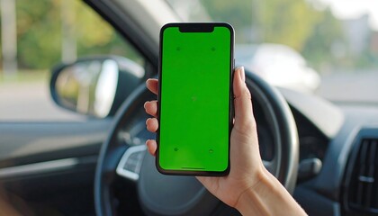 Person holding a smartphone with a green screen inside a car