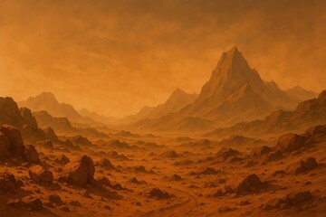 Naklejka premium Mars Landscape: Capturing the stark, breathtaking beauty of a Martian landscape, with towering mountains and a desolate, rocky expanse under a hazy, orange sky.