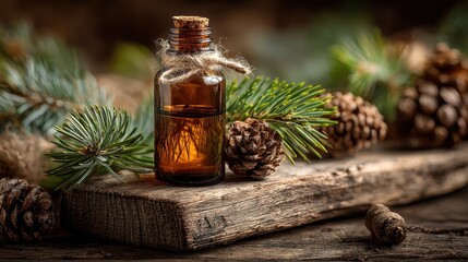 Aromatic fir essential oil in a dark bottle rests on rustic wood alongside evergreen branch and pine cone, promoting wellness and natural remedies