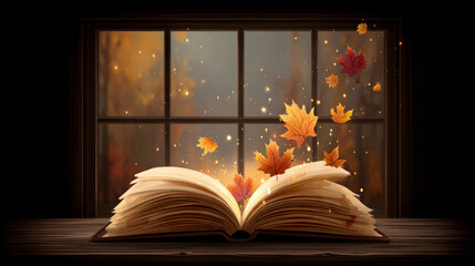 Open book and autumn leaves outside the window