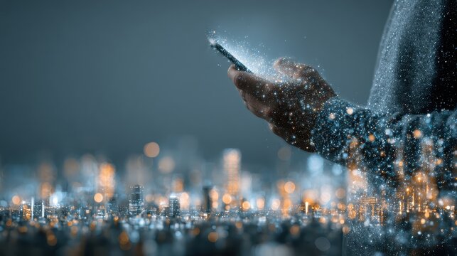 Man with city skyline double exposure uses cellphone at night in downtown - Powered by Adobe