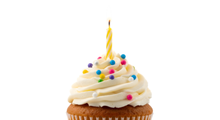 Festive cupcake adorned with a lit candle against a stark black backdrop