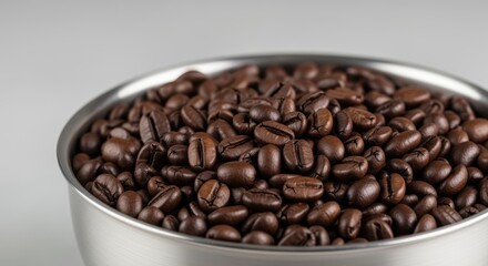 Fototapeta premium Roasted Coffee Beans: A close-up captures the rich aroma and earthy tones of meticulously roasted coffee beans nestled in a stainless steel bowl, ready to awaken the senses.